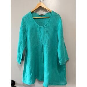 Flax Linen Gauze Minimalist teal Lagenlook coastal front pleat Tunic top Size M